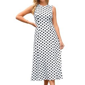 Women's Polka Dots Tank Dress Summer Sleeveless Vintage Midi Dress White